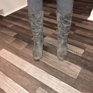 Gray mid calf boots with heel